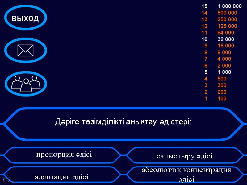 Дәріге төзімділікті анықтау әдістері:  адаптация әдісі пропорция әдісі  салыстыру әдісі абсолюттік концентрация